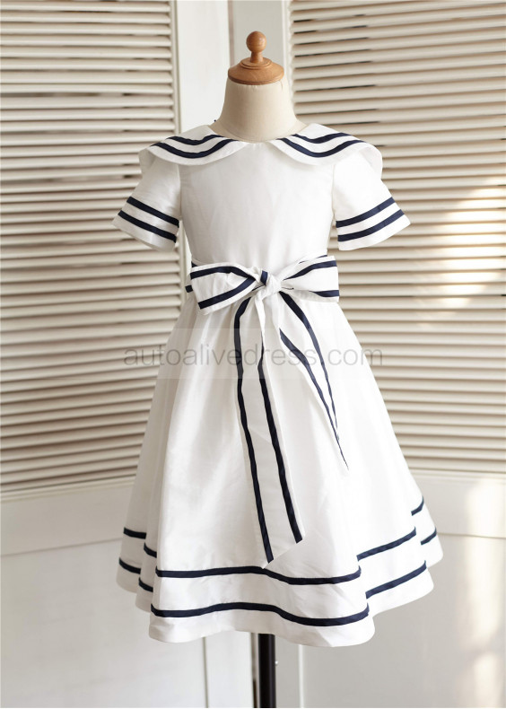 Ivory Navy Blue Stripe Taffeta Knee Length Flower Girl Dress 